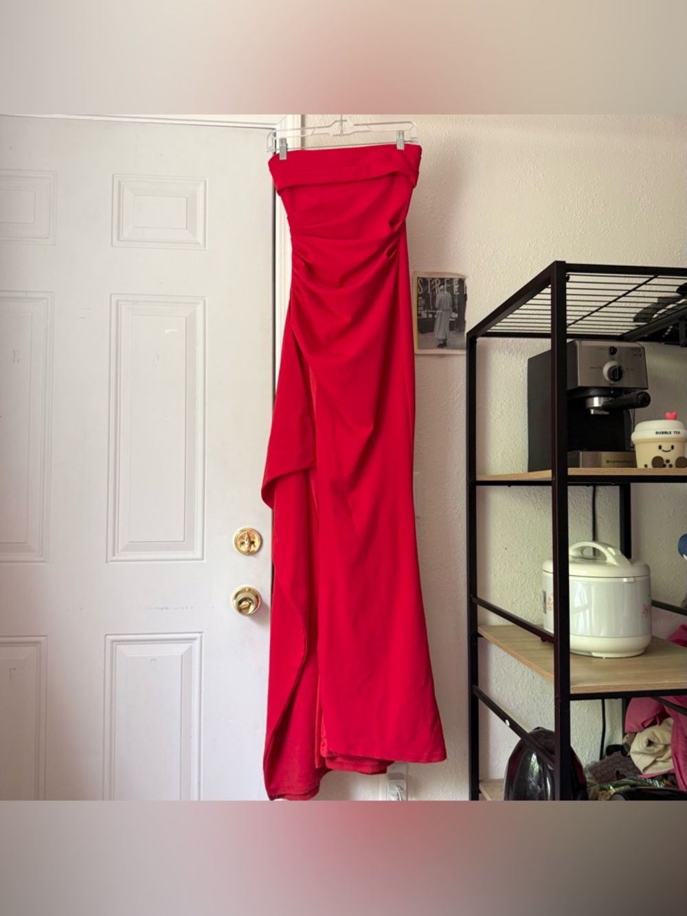 BABYBOO red strapless draped ruffle high slit maxi gown event formal dress
